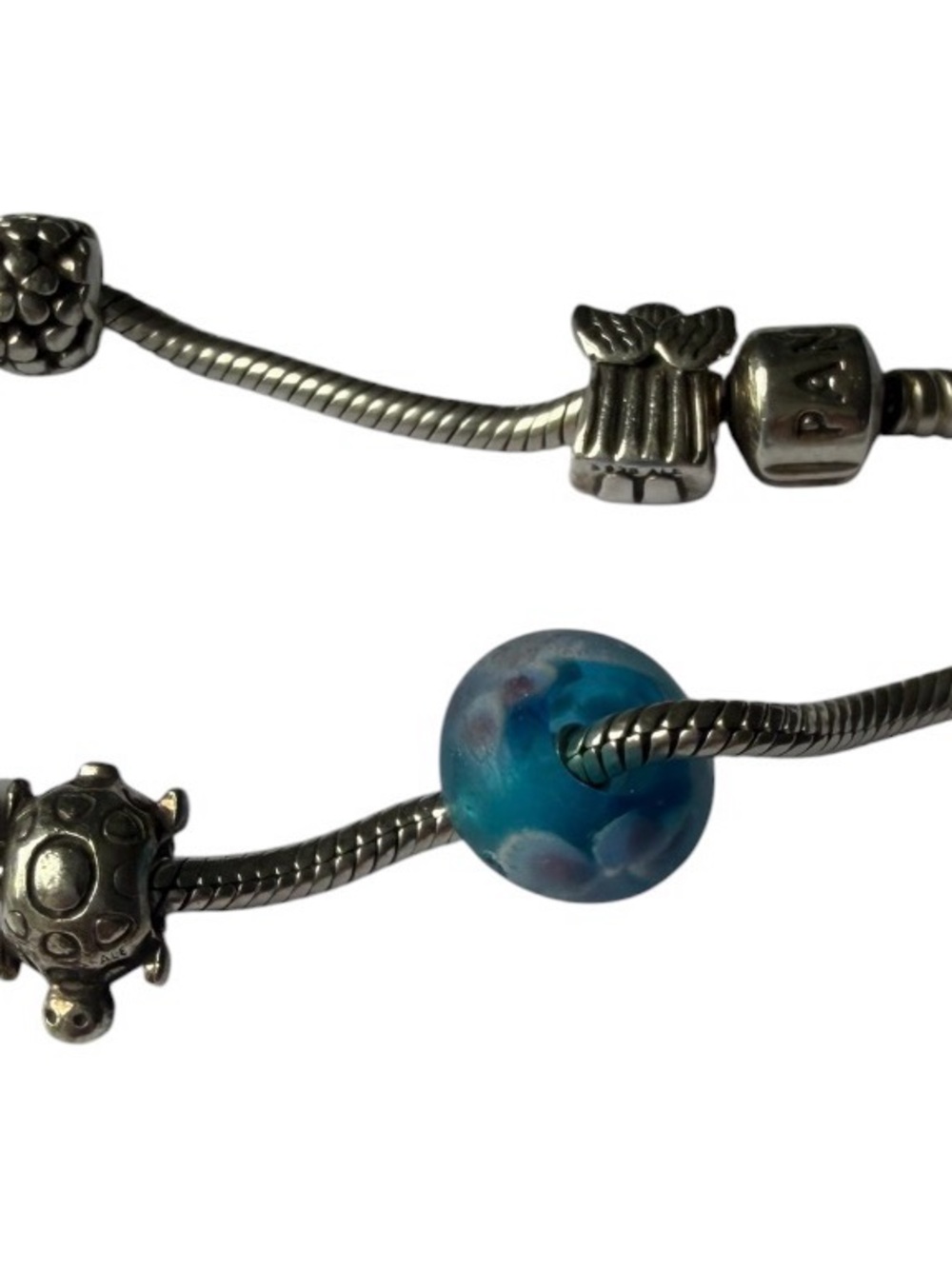 Pandora Blue Floral Lampwork Charm Bracelet with Silver Accents